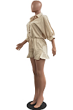 Cream White Casual Half Sleeve Lapel Collar Single-Breasted Elesticband Ruffle Solid Color Romper Shorts H1685-2