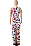Colorful Printing Sleeveless Deep V Neck Collcet Waist Wide Leg Jumpsuits YNS1671