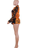 Orange Women Graffiti Printing Turn-Down Collar Long Sleeve Cardigan Loose Shirts NK057-1