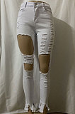 White Women Hole Pure Color Split Long Pants NZ919-1
