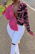 Pink Women Graffiti Printing Turn-Down Collar Long Sleeve Cardigan Loose Shirts NK057-2