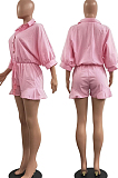 Pink Casual Half Sleeve Lapel Collar Single-Breasted Elesticband Ruffle Solid Color Romper Shorts H1685-1