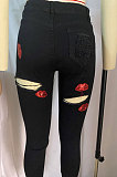 Black Hloe Elastic Force Lips Embroidered Jeans Pants  NZ914