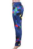 Blue Women Camo Printing Bodycon Mid Waist Long Pants NK0100-1