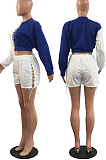 Blue Fashion Eyelet Bandage Spliced Long Sleeve Round Neck Fleece Shorts Two-Piece H1682-2