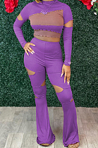 Purple Wholesal Spliced Long Sleeve Round Collar Crop Top Hollow Out High Waist Ruffle Flared Pants Two-Piece LM88805-1