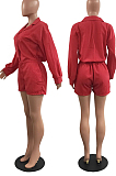 Red Autumn And Winter Pure Color Long Sleeve Lapel Collar Collcet Waist Elestic Drawsting Romper Shorts H1687-3