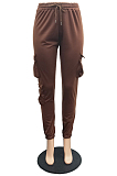 Brown Casual Pure Color With Pocket Drawsting Ankle Banded Pants H1653-1