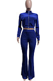 Dark Blue Women Korea Velvet  Long Sleeve Zipper Spliced Sport Pants Sets NK263-11