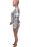 Yellow Women Positioning Printing Casual Long Sleeve Round Collar Blouse Shorts Sets NK257-2