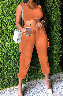 Orange Sleeveless U Neck Tank With Pocket Drawsting Sweat Pants Solid Color Casual Yoga Sets H1651-4