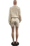 Cream Autumn And Winter Pure Color Long Sleeve Lapel Collar Collcet Waist Elestic Drawsting Romper Shorts H1687-1