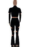 Black Wholesal Spliced Long Sleeve Round Collar Crop Top Hollow Out High Waist Ruffle Flared Pants Two-Piece LM88805-3
