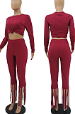 Wine Red Cotton Blend Long Sleeve O Collar Bodycon Top High Waist Wide Leg Pants Cute Tassel Sets MTY6563-3