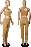 Khaki Cotton Blend Irregularity Sleeveless High Neck Tank Drawsting Ruffle Pants Solid Color Two-Piece YNS1663-2