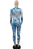 Blue Fashion Printing Long Sleeve Stand Neck Zippet Collcet Waist Bodycon Jumpsuits MTY6570-1