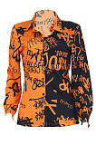 Orange Women Graffiti Printing Turn-Down Collar Long Sleeve Cardigan Loose Shirts NK057-1