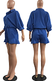 Blue Casual Half Sleeve Lapel Collar Single-Breasted Elesticband Ruffle Solid Color Romper Shorts H1685-5
