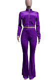 Purple Women Korea Velvet  Long Sleeve Zipper Spliced Sport Pants Sets NK263-5