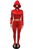 Red New Cotton Blend Long Sleeve Hoodie Sweat Pants Eyelet Bandage Pure Color Sets F88382-2