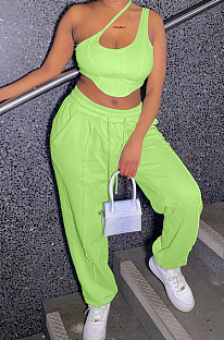 Fruit Green Summer Pure Color Spliced Oblique Shoulder Condole Belt Tank Loose Ankle Banded Pants Sets YNS1662-1