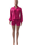 Rose Red Women Roman Cloth Long Sleeve Solid Color Cardigan Sport Casual Shorts Sets NK259-3
