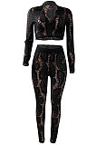Black Women Lace Long Sleeve Tops Bodycon Sport Casual Pants Sets NK261-2
