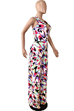 Colorful Printing Sleeveless Deep V Neck Collcet Waist Wide Leg Jumpsuits YNS1671