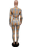 Khaki Plaid Printing Long Sleeve Lapel Neck Single-Breadsted Shirts Bodycon Pants Sets F88381-1