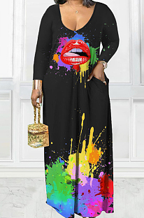 Black Casual Splash-Ink Lips Printing Long Sleeve V Neck Loose Collcet Waist Long Dress MTY6573-2
