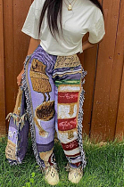 Purple Fashion Loose Colorful Cute Patterns Printing Tassel Pants NYZ6031-3