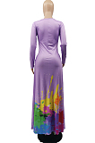 Light Purple Casual Splash-Ink Lips Printing Long Sleeve V Neck Loose Collcet Waist Long Dress MTY6573-4