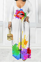 White Casual Splash-Ink Lips Printing Long Sleeve V Neck Loose Collcet Waist Long Dress MTY6573-1