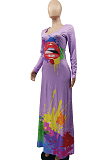 Light Purple Casual Splash-Ink Lips Printing Long Sleeve V Neck Loose Collcet Waist Long Dress MTY6573-4