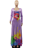 Wine Red Casual Splash-Ink Lips Printing Long Sleeve V Neck Loose Collcet Waist Long Dress MTY6573-3