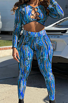Blue New Printing Long Sleeve Round Neck Banage Strapless High Waist Bodycon Pants Two-Piece NYZ6030-1