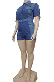 Light Blue Wholesal Spliced Short Sleeve Lapel Neck With Pocket Jean Legging Slim Fitting Romper Shorts BAK0713-1
