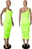 Neon Green Sexy Summer Oblique Shoulder Ruffle Collcet Waist Pure Color Bodycon Dress YNS1665-1