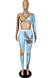 Blue Cute Digital Printing One Sleeve Backless Bandage Strapless Tight Pencil Pants Slim Fitting Two-Piece YNS16806-1