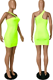 Neon Green Summer Simple Oblique Shoulder Sexy Solid Color Tight Mini Hip Dress YNS16809-2