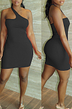 Blue Summer Simple Oblique Shoulder Sexy Solid Color Tight Mini Hip Dress YNS16809-3