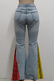 Light Blue Fashion Spliced Water Washing High Waist Elastic Slim Fitting Jean Flared Pants SMR2395-3