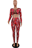 Red New Printing Long Sleeve Round Neck Banage Strapless High Waist Bodycon Pants Two-Piece NYZ6030-2