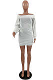 White Sexy Long Sleeve Off Shoulder Eyelet Bandage Collect Waist Solid Color Mini Hip Dress NYZ6032-1