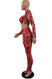 Red New Printing Long Sleeve Round Neck Banage Strapless High Waist Bodycon Pants Two-Piece NYZ6030-2
