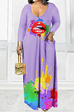 Black Casual Splash-Ink Lips Printing Long Sleeve V Neck Loose Collcet Waist Long Dress MTY6573-2
