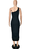 Black Sexy Summer Oblique Shoulder Ruffle Collcet Waist Pure Color Bodycon Dress YNS1665-4