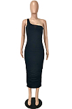 Black Sexy Summer Oblique Shoulder Ruffle Collcet Waist Pure Color Bodycon Dress YNS1665-4