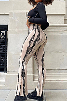 Khaki Sexy Autumn Long Sleeve Low-Cut Hollow Out Strapless High Waist Spots Printing Pants Two-Piece BM7209-7