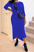 Blue Euramerican Women Solid Color Seven Points Sleeve Irregular Lower Hem Midi Dress AYQ08019-3